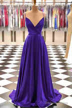 A Line V Neck Spaghetti Straps Sweep Train Charmeuse Prom Dresses With Pleated