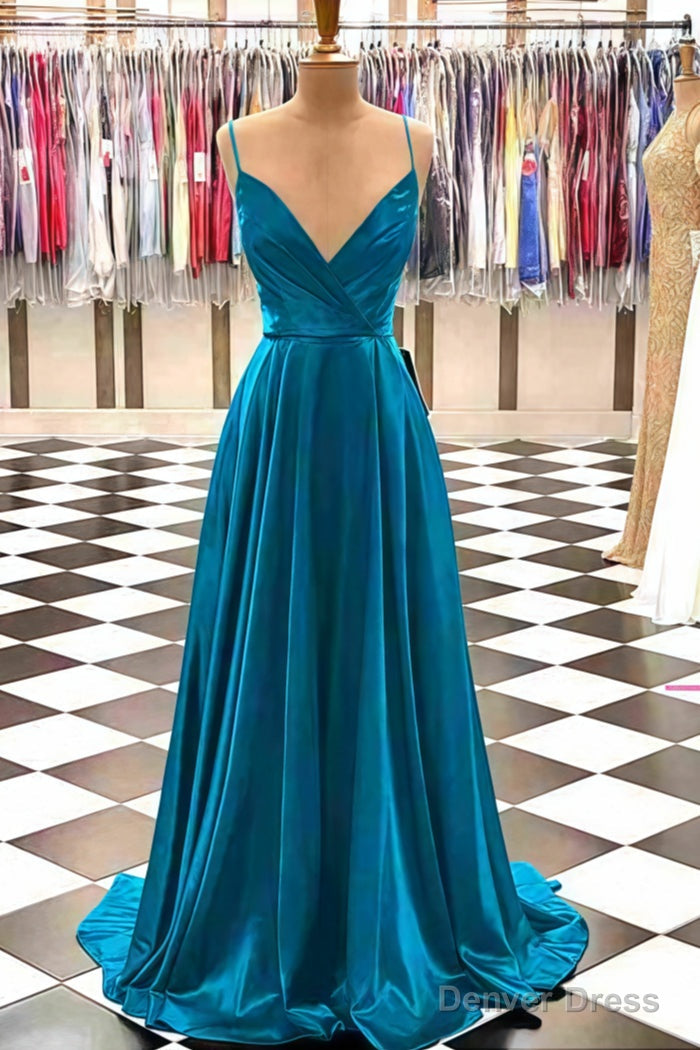 A Line V Neck Spaghetti Straps Sweep Train Charmeuse Prom Dresses With Pleated