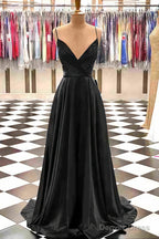 A Line V Neck Spaghetti Straps Sweep Train Charmeuse Prom Dresses With Pleated