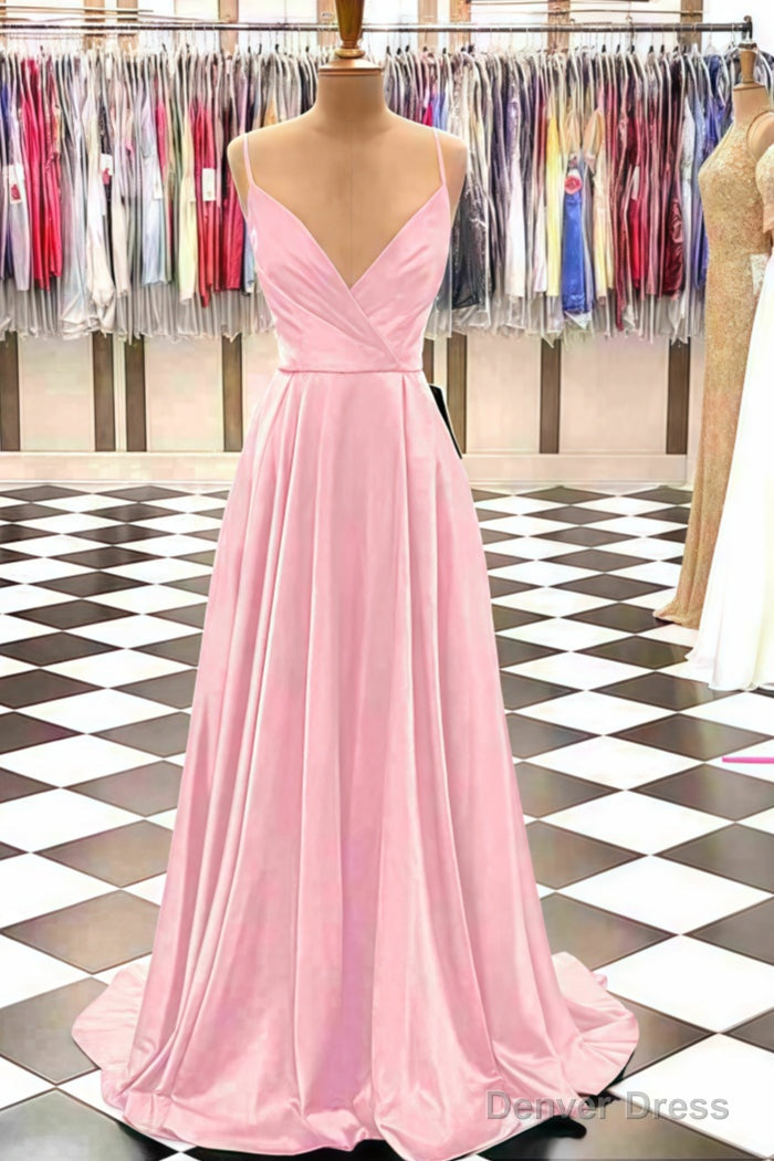 A-line V Neck Spaghetti Straps Sweep Train Charmeuse Prom Dresses With Pleated