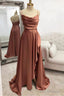 A-line Bateau Spaghetti Straps Long/Floor-Length Satin Prom Dresses With Pleated Split