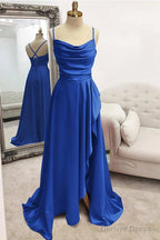 A Line Bateau Spaghetti Straps Long Floor Length Satin Prom Dresses With Pleated Split