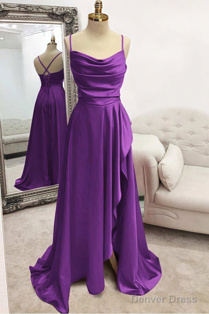 A Line Bateau Spaghetti Straps Long Floor Length Satin Prom Dresses With Pleated Split