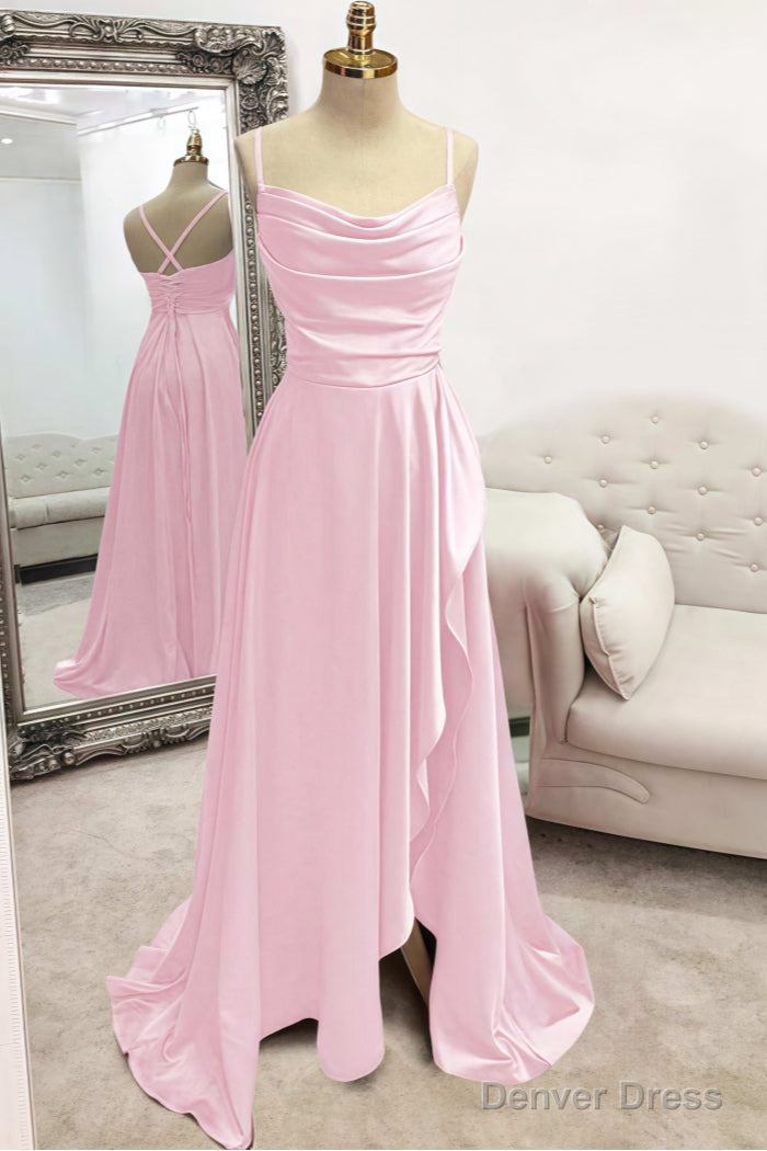 A Line Bateau Spaghetti Straps Long Floor Length Satin Prom Dresses With Pleated Split