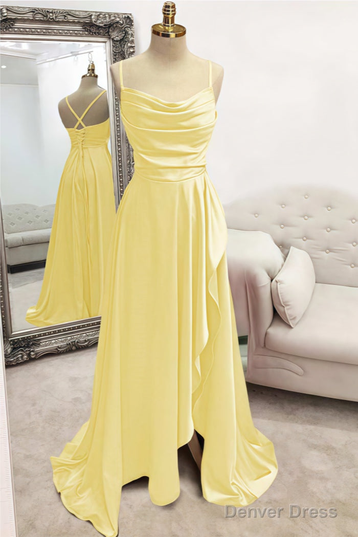 A Line Bateau Spaghetti Straps Long Floor Length Satin Prom Dresses With Pleated Split