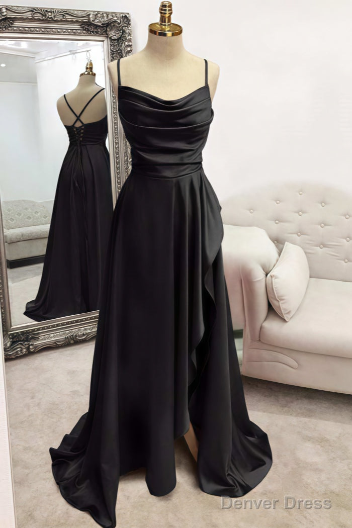 A Line Bateau Spaghetti Straps Long Floor Length Satin Prom Dresses With Pleated Split
