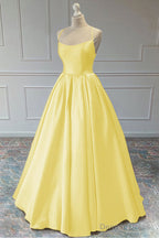 A-line Sleeveless Square Neckline Long/Floor-Length Satin Prom Dresses