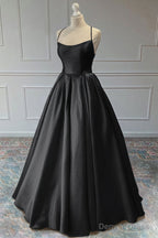 A Line Sleeveless Square Neckline Long Floor Length Satin Prom Dresses