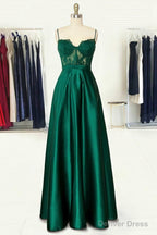 A Line Sweetheart Spaghetti Straps Long Floor Length Satin Prom Dresses With Appliqued Pockets