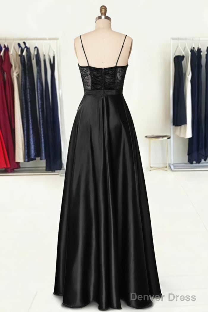 A Line Sweetheart Spaghetti Straps Long Floor Length Satin Prom Dresses With Appliqued Pockets