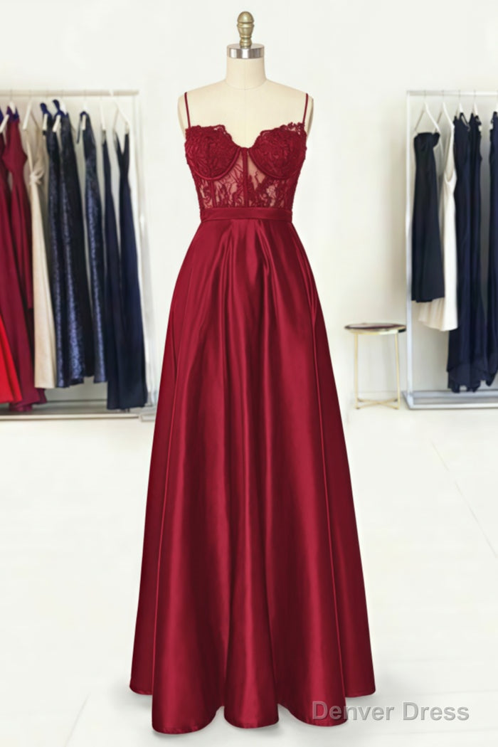 A Line Sweetheart Spaghetti Straps Long Floor Length Satin Prom Dresses With Appliqued Pockets