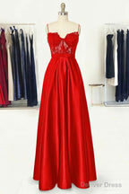 A Line Sweetheart Spaghetti Straps Long Floor Length Satin Prom Dresses With Appliqued Pockets