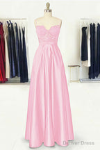 A Line Sweetheart Spaghetti Straps Long Floor Length Satin Prom Dresses With Appliqued Pockets