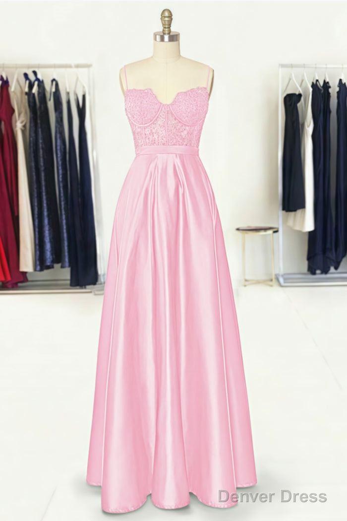 A Line Sweetheart Spaghetti Straps Long Floor Length Satin Prom Dresses With Appliqued Pockets
