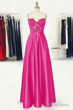 A-line Sweetheart Spaghetti Straps Long/Floor-Length Satin Prom Dresses With Appliqued Pockets