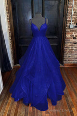 A-line Princess Sweetheart Sleeveless Long/Floor-Length Tulle Sparkling Prom Dresses