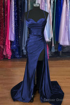 A-line Sweetheart Spaghetti Straps Sweep Train Silk like Satin Ruched Prom Dresses