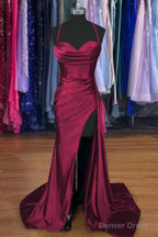 A Line Sweetheart Spaghetti Straps Sweep Train Silk like Satin Ruched Prom Dresses