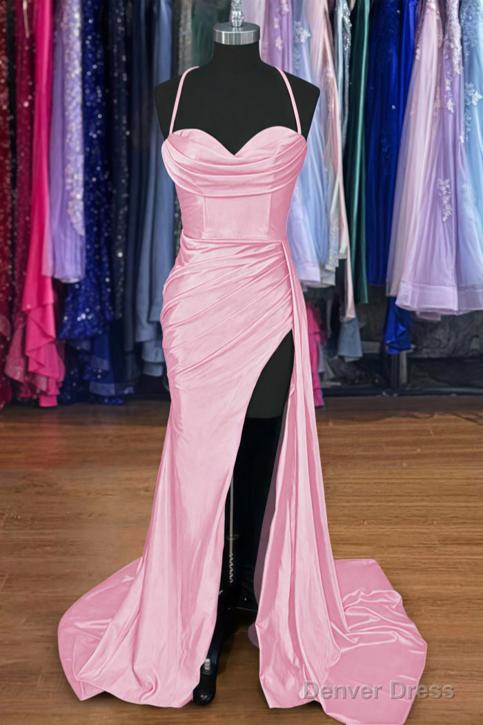 A-line Sweetheart Spaghetti Straps Sweep Train Silk like Satin Ruched Prom Dresses