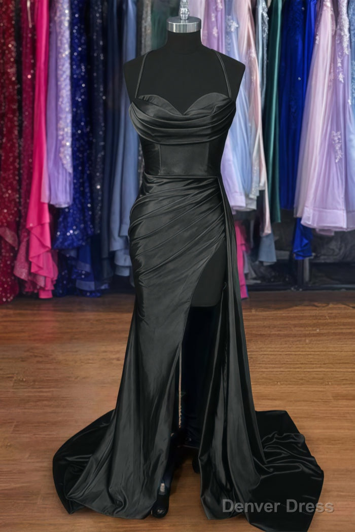 A Line Sweetheart Spaghetti Straps Sweep Train Silk like Satin Ruched Prom Dresses