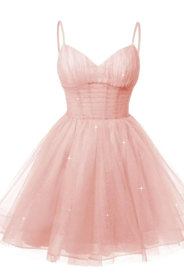 Womens V Neck Tulle Spaghetti Straps Pearl Pink Homecoming Dresses with Corset Back Short Prom Gowns for Teens