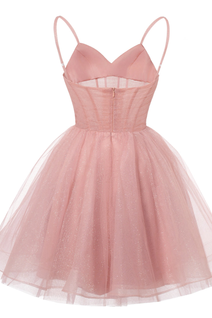 Womens V Neck Tulle Spaghetti Straps Pearl Pink Homecoming Dresses with Corset Back Short Prom Gowns for Teens