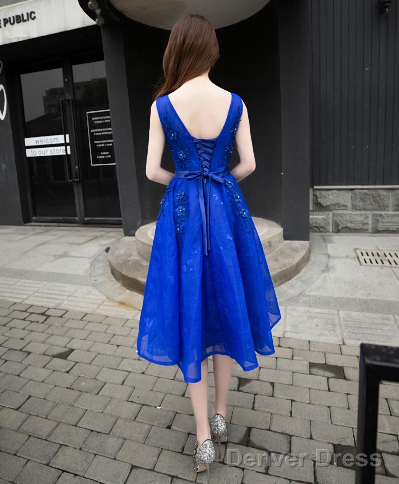 Royal Blue Lace A Line Short Prom Dress