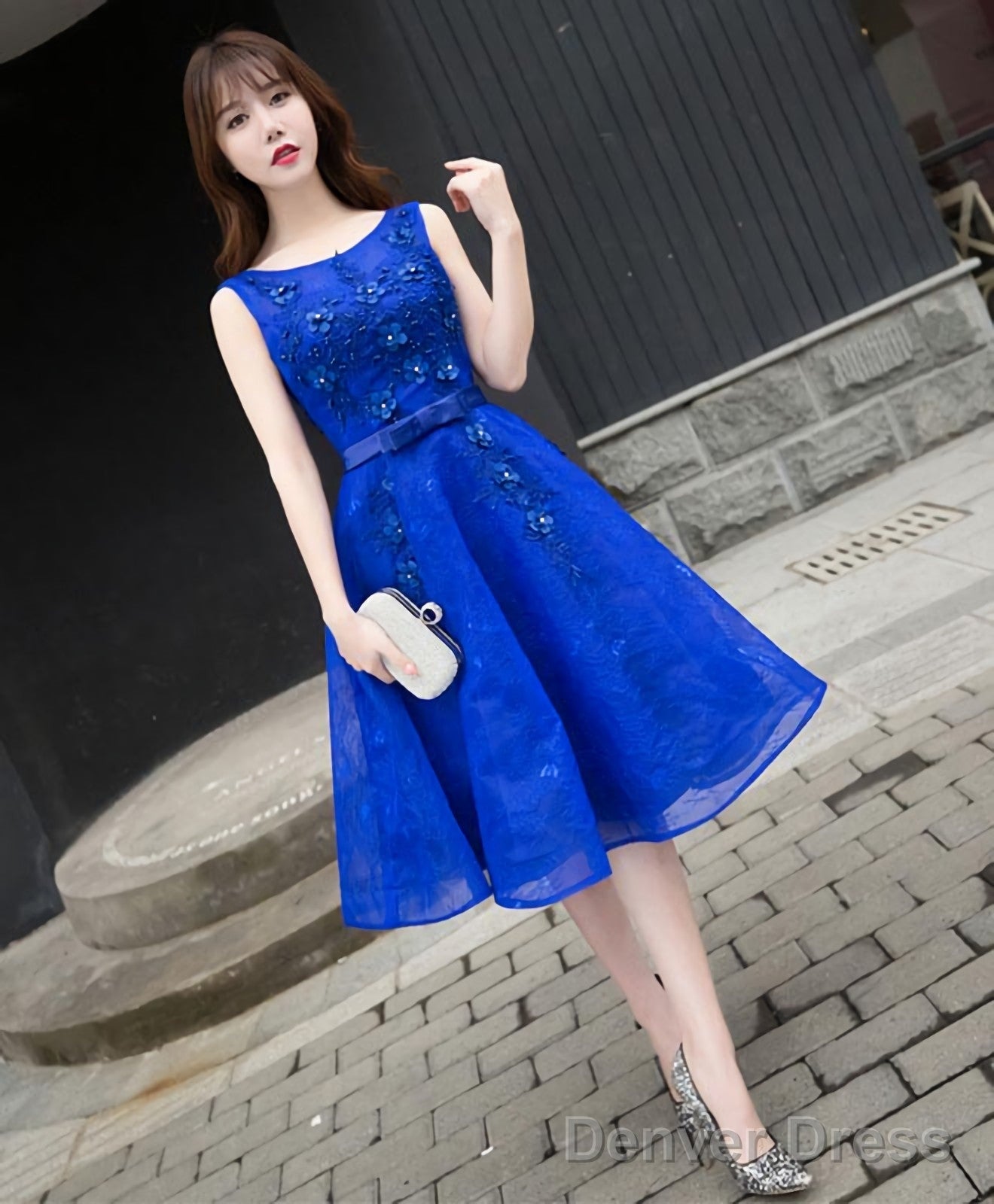 Royal Blue Lace A Line Short Prom Dress