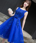 Royal Blue Lace A Line Short Prom Dress