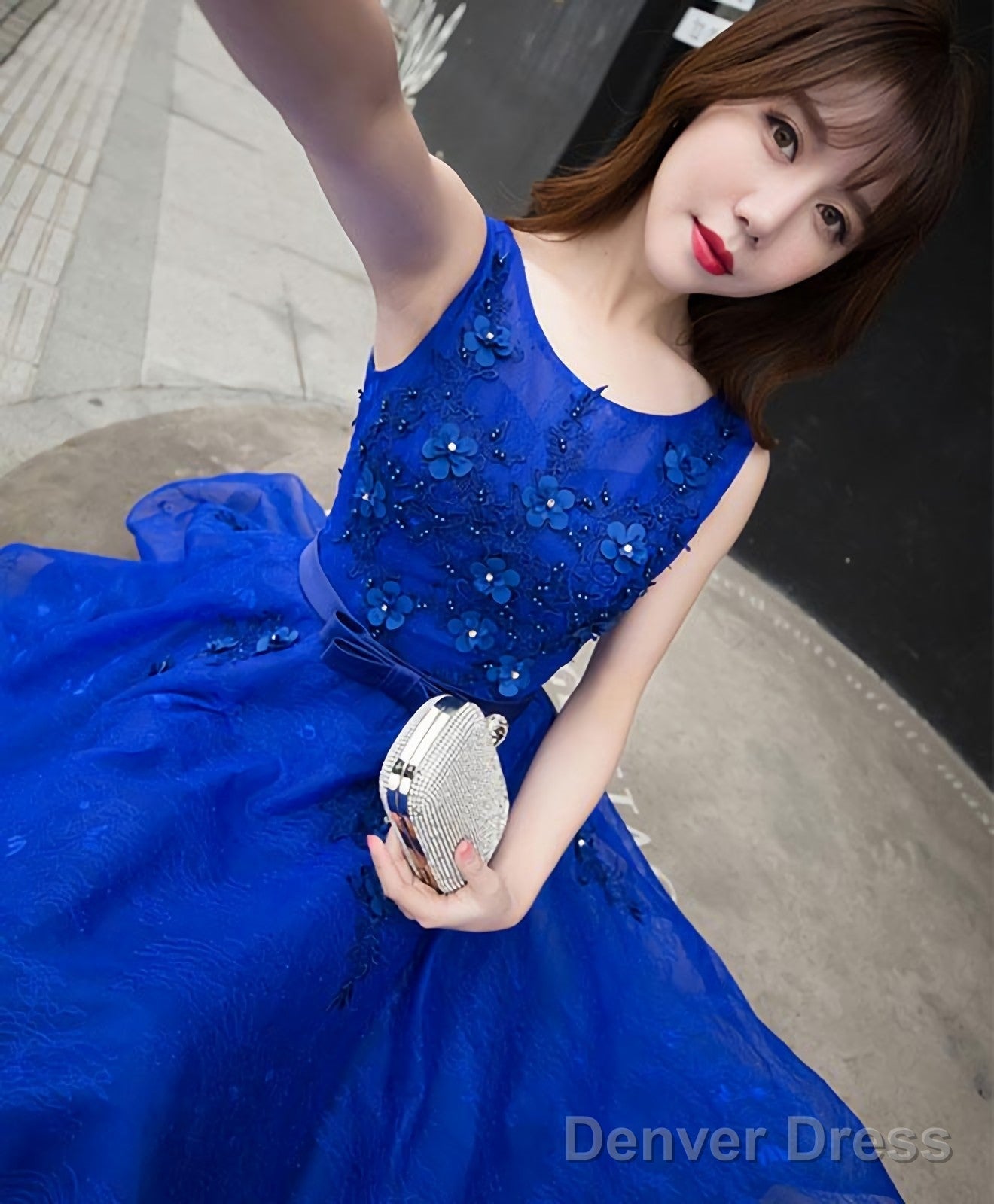 Royal Blue Lace A Line Short Prom Dress