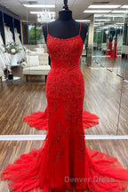 Blue Spaghetti Straps Backless Appliques Prom Dresses