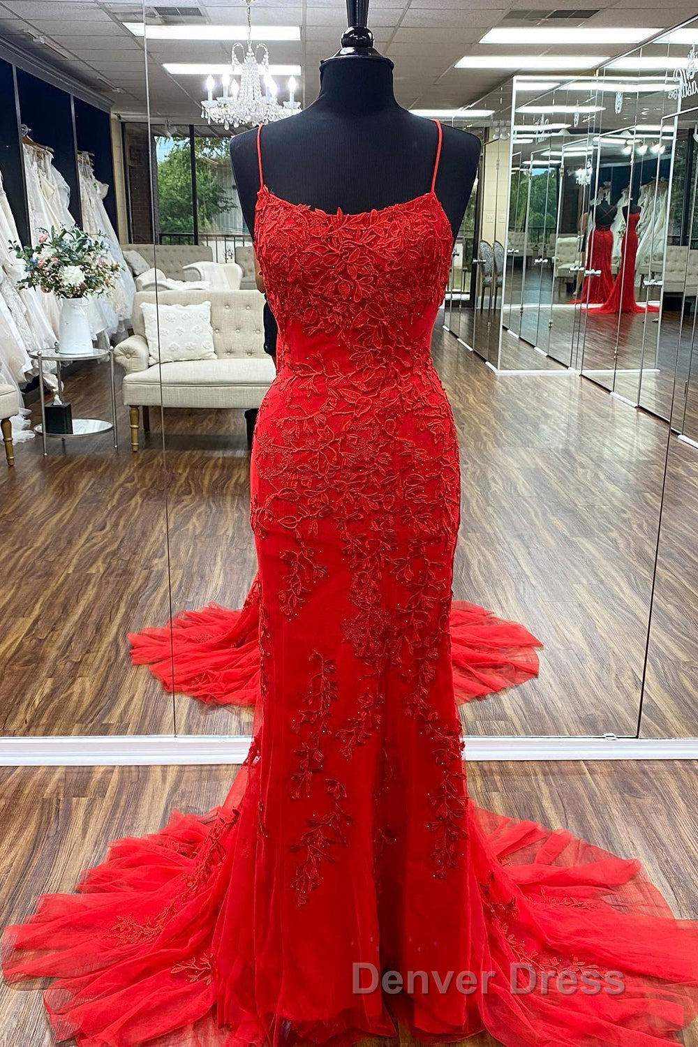 Blue Spaghetti Straps Backless Appliques Prom Dresses