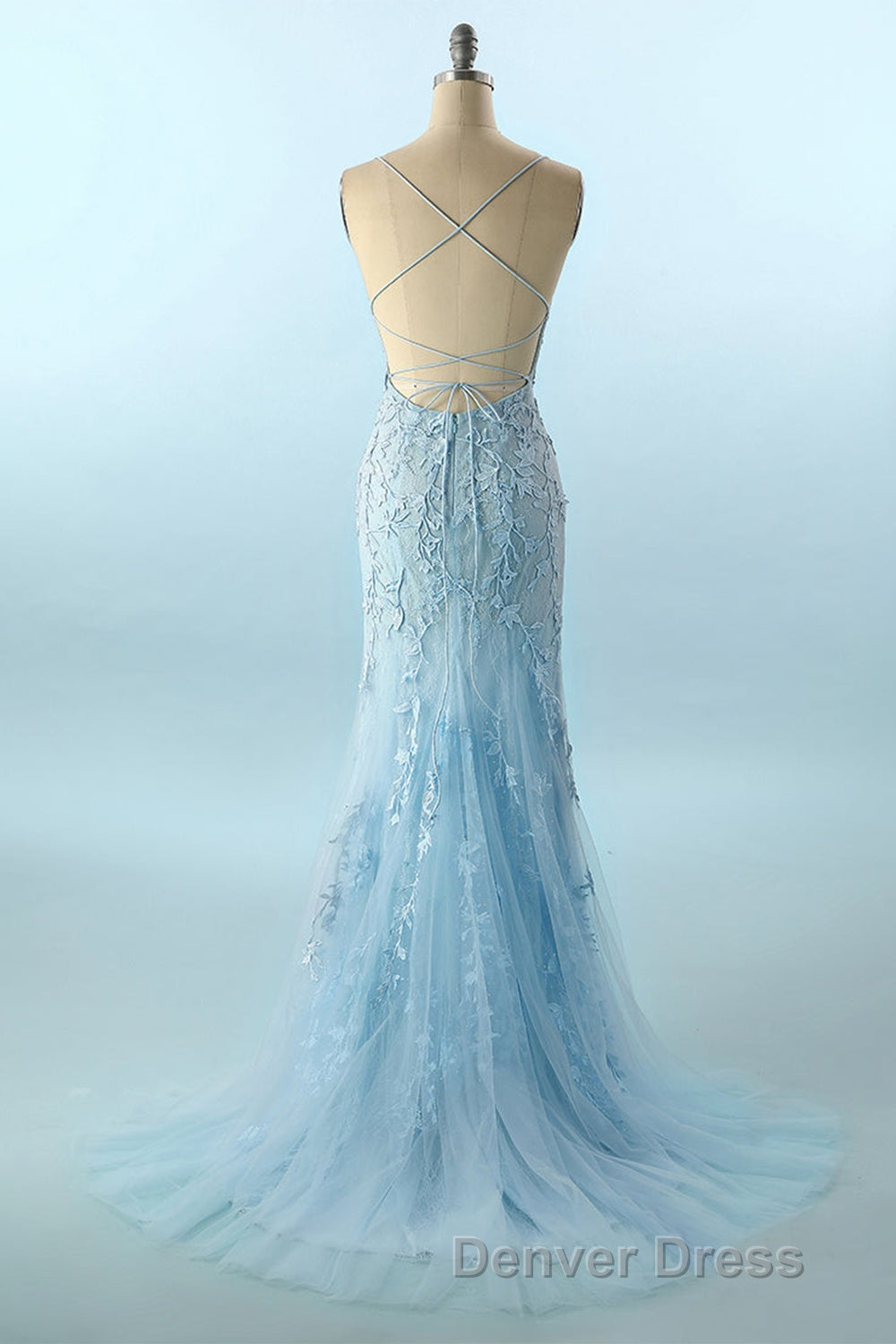 Blue Spaghetti Straps Backless Appliques Prom Dresses