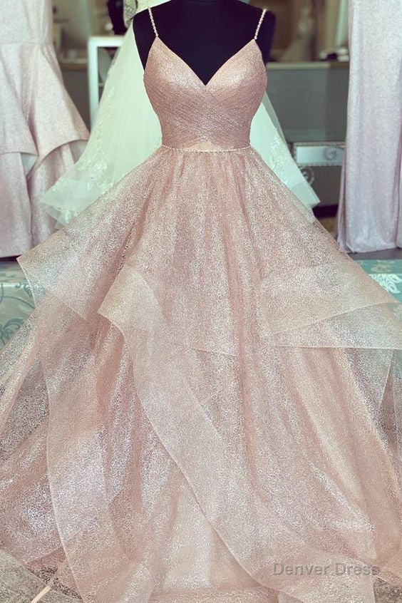 rose gold ruffled long prom dress with pleated bodice Main image