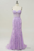 Coral Sweetheart Lace Up Long Mermaid Prom Dresses with Appliques
