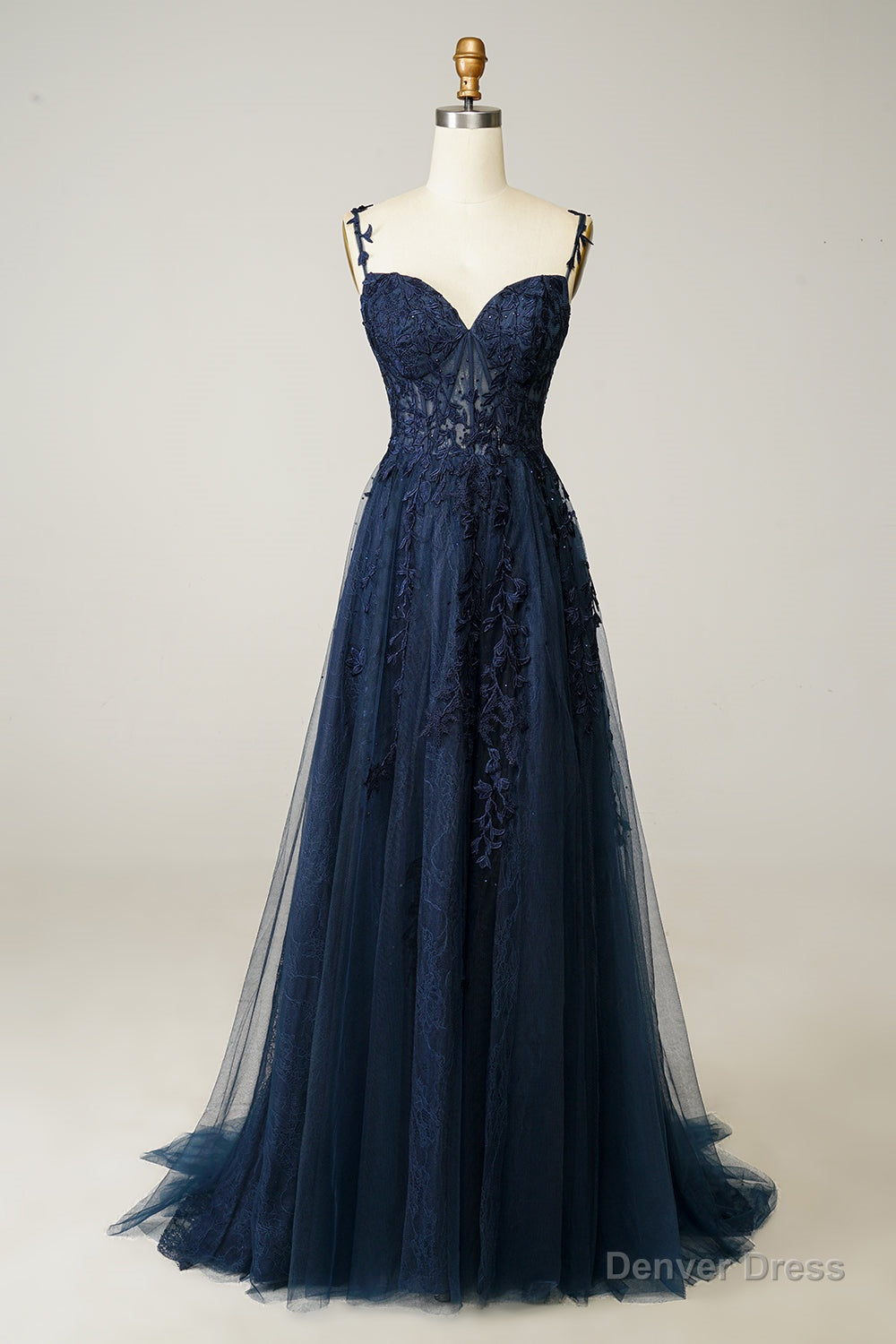 A Line Spaghetti Straps Navy Prom Dresses with Appliques