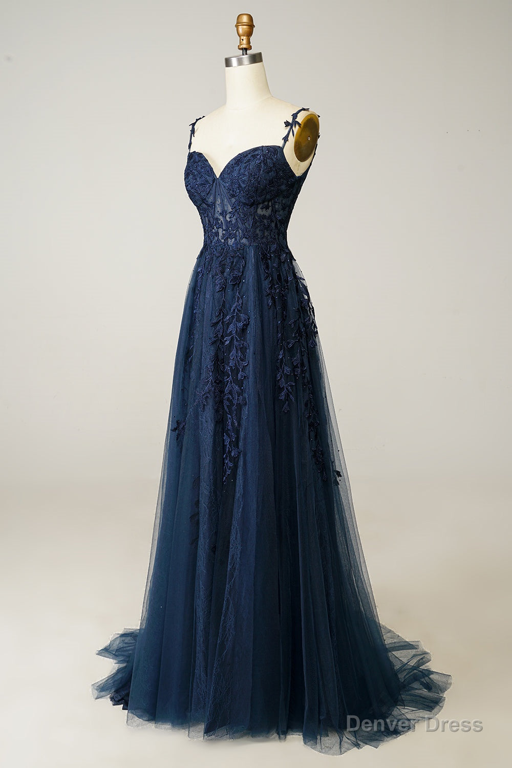 A Line Spaghetti Straps Navy Prom Dresses with Appliques