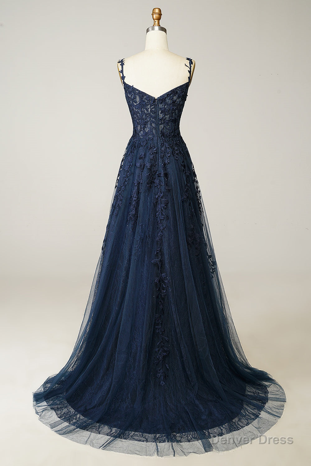 A Line Spaghetti Straps Navy Prom Dresses with Appliques