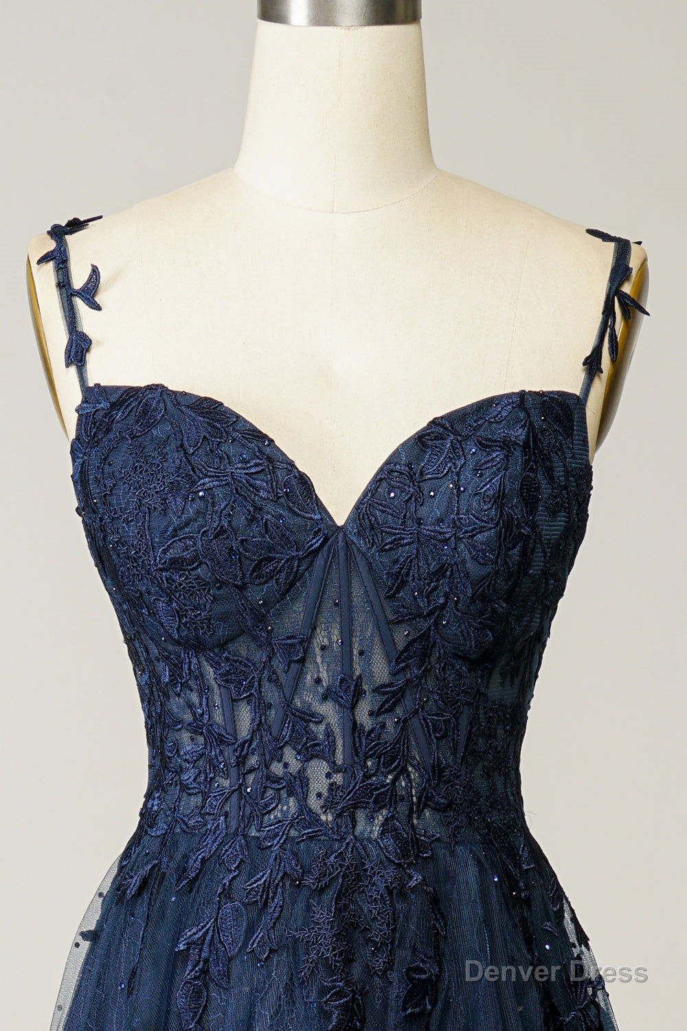 A Line Spaghetti Straps Navy Prom Dresses with Appliques