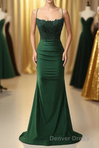 Sparkly Dark Green Beaded Long Prom Dresses with Appliques