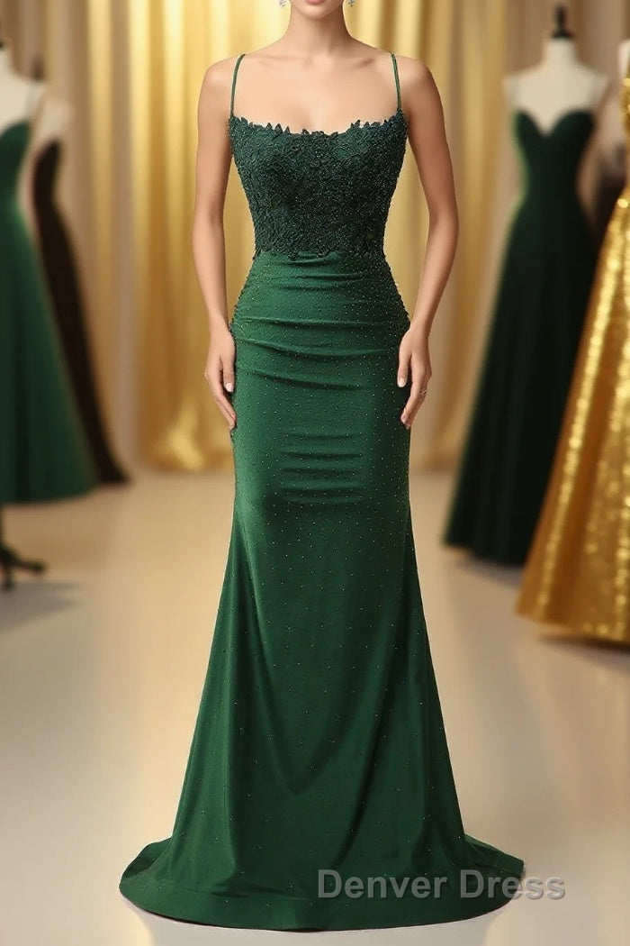Sparkly Dark Green Beaded Long Prom Dresses with Appliques