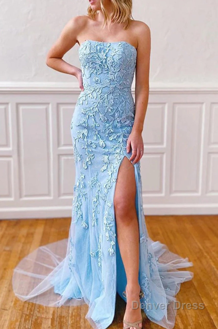 Pink Strapless Lace Long Prom Dresses with Slit