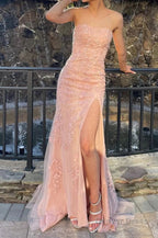Pink Strapless Lace Long Prom Dresses with Slit