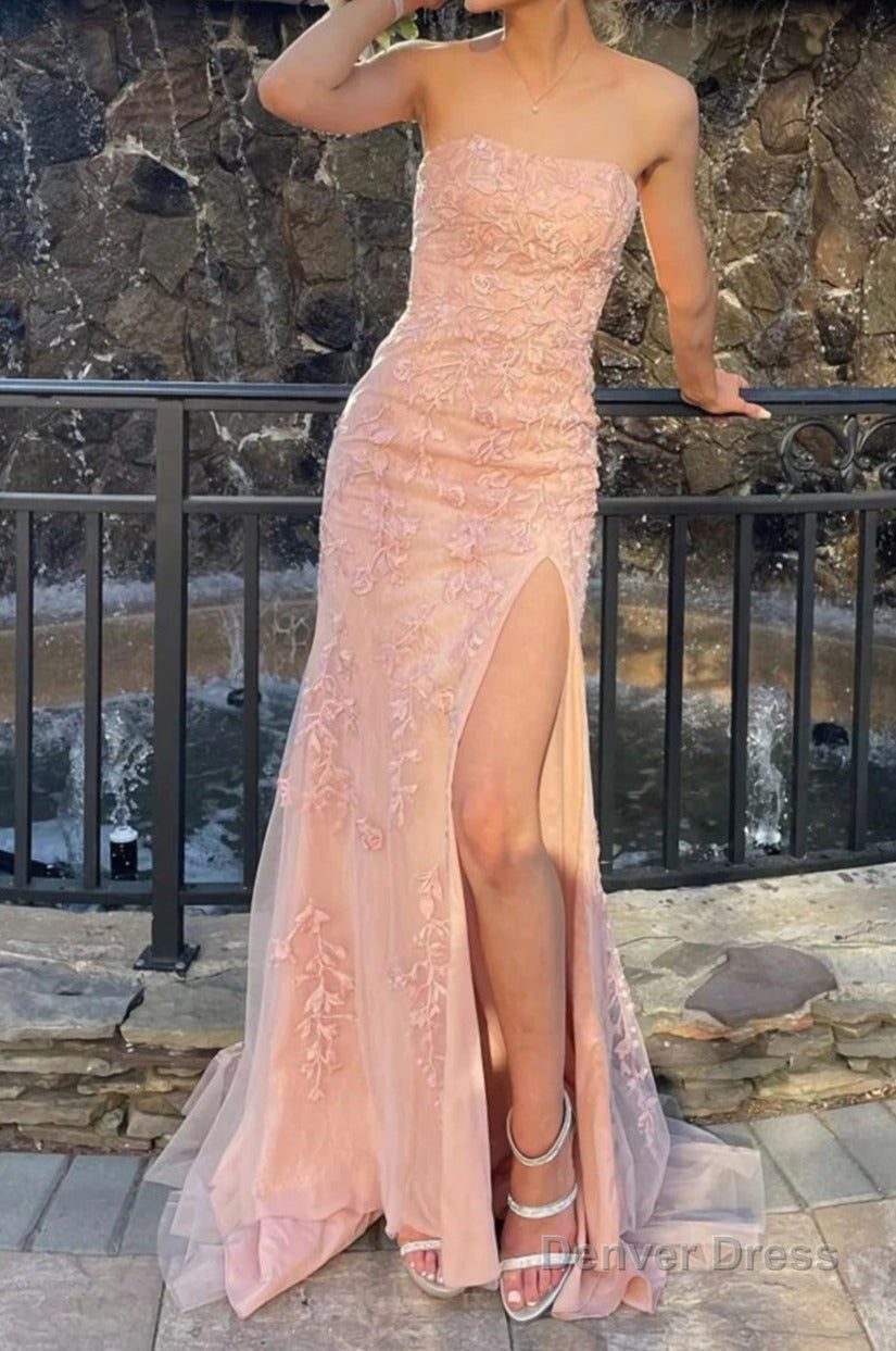 Pink Strapless Lace Long Prom Dresses with Slit