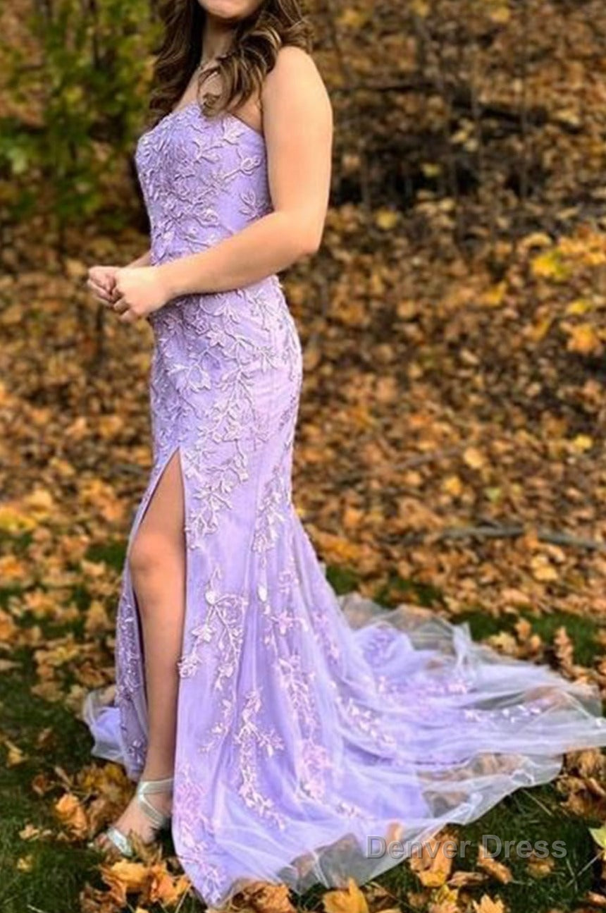 Pink Strapless Lace Long Prom Dresses with Slit