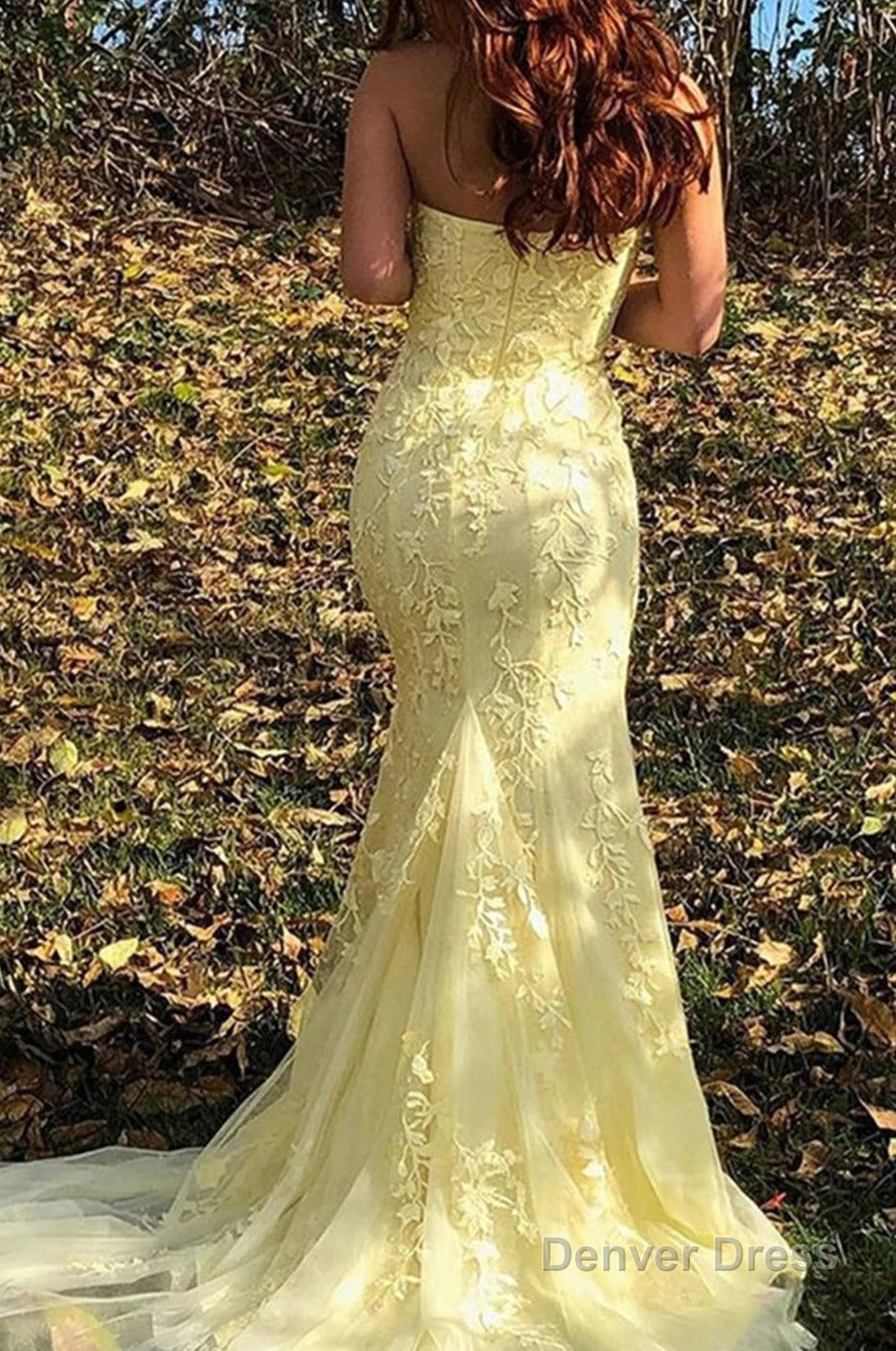Pink Strapless Lace Long Prom Dresses with Slit