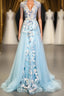 Modest Square Neckline Beading Appliques Sky Blue Long Prom Dresses Pageant Gown