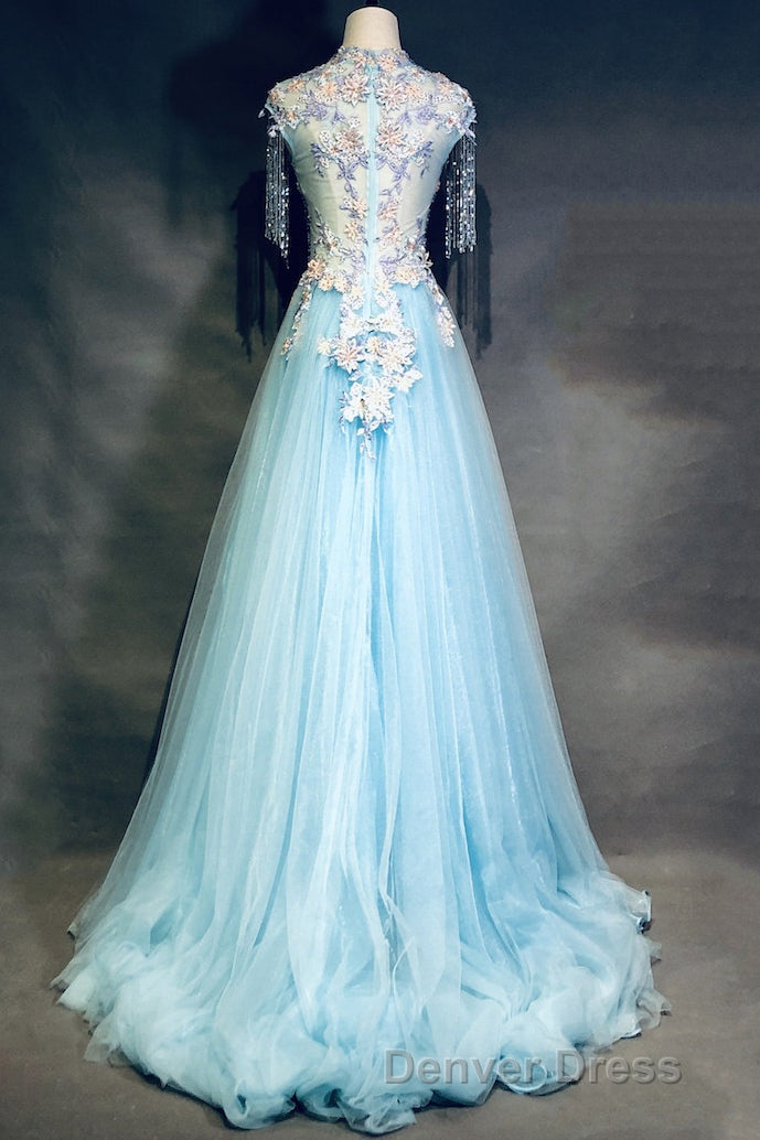 Modest Square Neckline Beading Appliques Sky Blue Long Prom Dresses Pageant Gowns