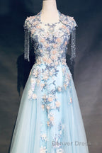 Modest Square Neckline Beading Appliques Sky Blue Long Prom Dresses Pageant Gown