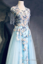 Modest Square Neckline Beading Appliques Sky Blue Long Prom Dresses Pageant Gown